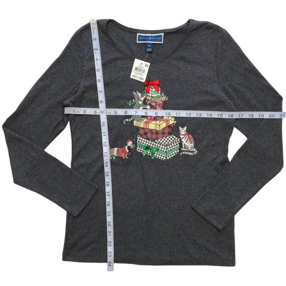 Karen Scott Glitter Top Women's PETITE SMALL Gray‎ CAT DOG Seasonal Graphic NEW - Picture 4 of 11
